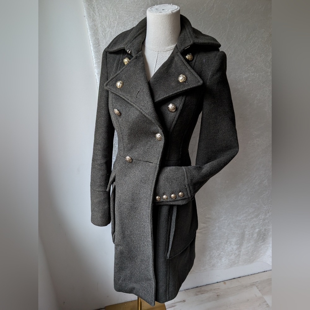 Zara Military Wool Double Front Button Down Trench Coat XL Pocket Olive & Gold